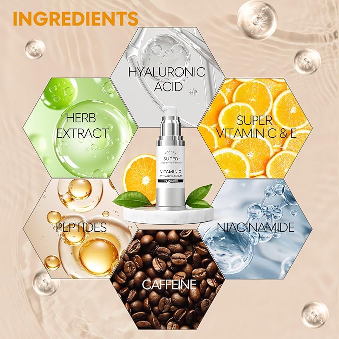 Super Vitamin C for Women, 20% Vit C Anti Aging & Wrinkle Retinol Face Serum With Hyaluronic Acid, Vitamin E, Caffeine, Peptides For Face Fine Lines Wrinkle Dark Spots Brightening -1 Fl Oz
