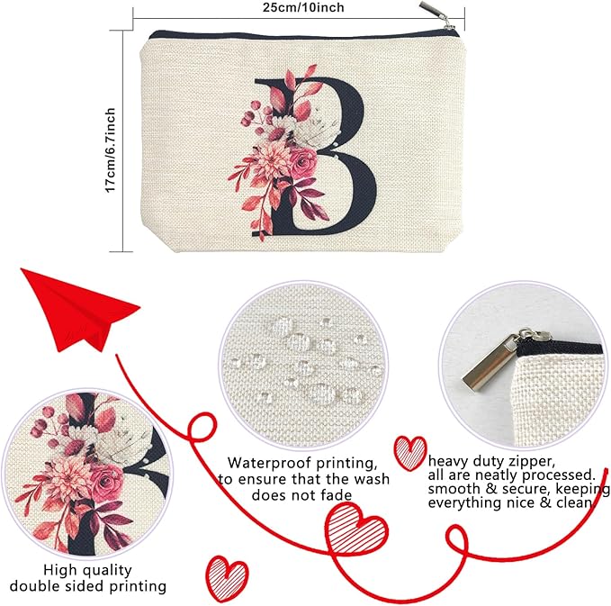 Initial A-Z Personalized Floral Makeup Bag, Monogrammed Birthday Gifts for Women Mom, Mothers Day Christmas Gift Ideas for Best Friend, Bride Bridesmaid, Her, Grandma, Small Travel Cosmetic Bag (B)