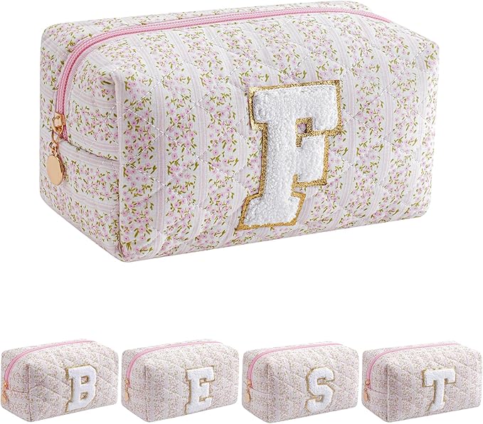 JOVAKIT Alphabet Makeup Bag Cosmetic Bag for Women, Christmas Gifts for Girls Age 6-18, Floral Flowers Coquette Travel Toiletry Zipper Make Up Pouch Organizer Trendy Stuff (Pink Floral F)