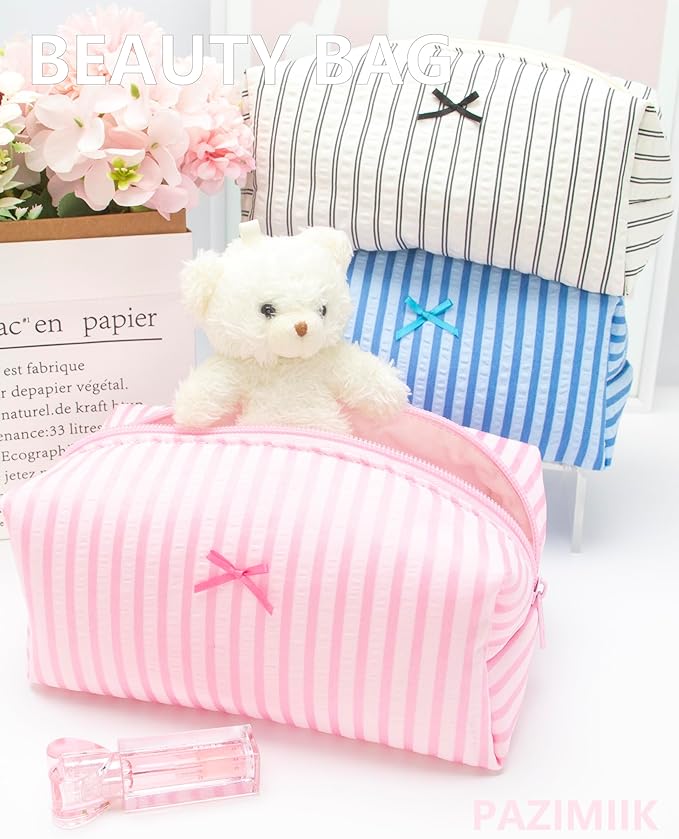 2PCS Cozy Makeup Bag Small Aesthetic Travel Zipper Cosmetic Pouch for Women Make Up Beauty Accessories Brushes, Stripe Cute Pink