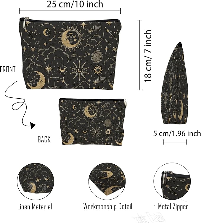 huester Black Golden Sun and Moon Star Witchy Makeup Bag, Moon Make Up Bag, Tarot Cosmetics Bag, Cosmetic Bags Travel Makeup Pouch Astrology Witchy Gifts for Purse Women Girls Sister Mom