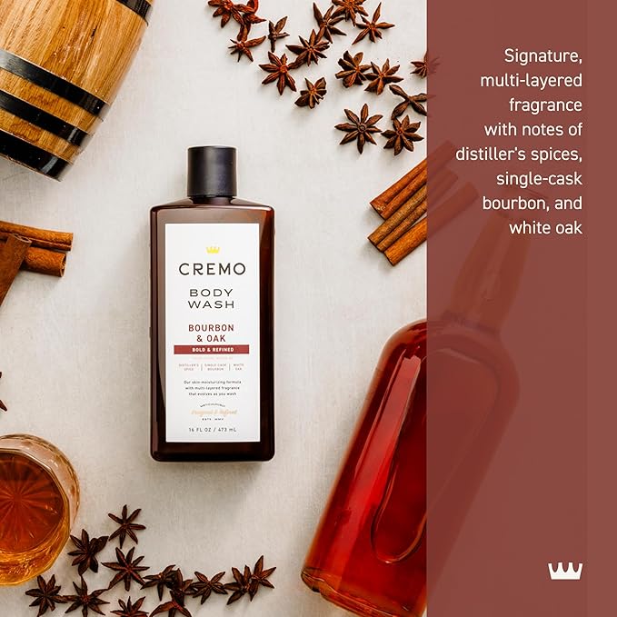 Cremo Body Wash Men, A Sophisticated Blend of Distillers Spice, Fine Bourbon and White Oak, 16 Fl Oz