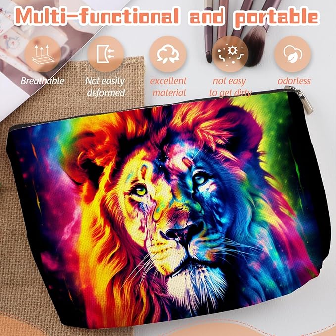 Makeup Bag Travel Cosmetic Bags Small Makeup Case Waterproof Zipper Pouch for Women Girls 7X9inches - Fantasy - Style Lion Portrait in Vivid Colors