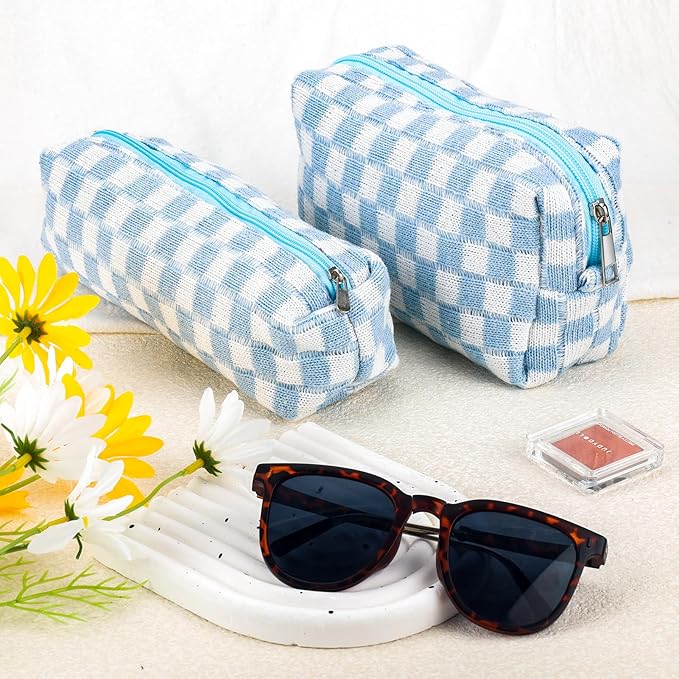 2Pcs Checkered Pencil Case Cute Pencil Pouch for Teens Checkered Makeup Bag Travel Cosmetic Bag Set Cute Makeup Pouch for Purse Portable Zippered Skincare Bags Preppy Toiletry Bags Organizer(Blue)