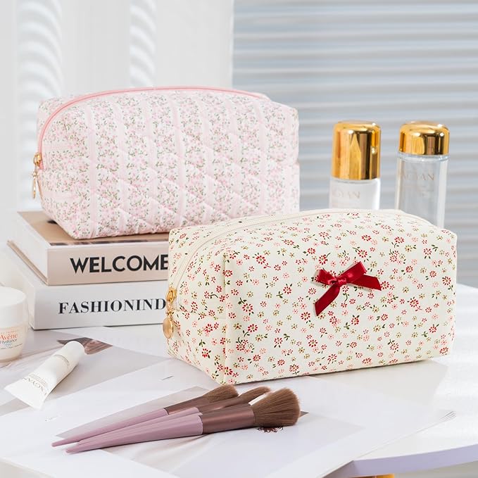 Makeup Bag Travel Toiletry Bag for Women, Small Cosmetic Bags Cute Quilted Cotton Makeup Pouch for Purse Emergency Bag for School Floral Pencil Case Accessory Bag, Tie Bow