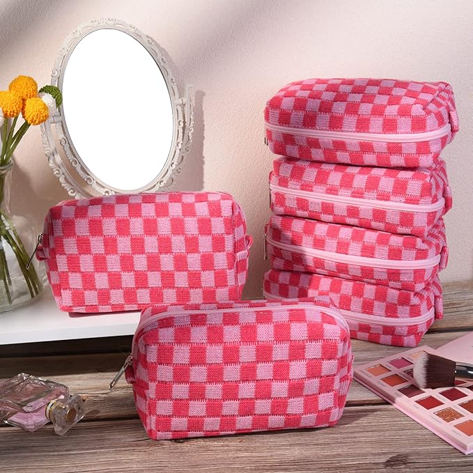 SOIDRAM Checkered Makeup Bag Preppy Cosmetic Bag Bulk Pink Makeup Pouch Personalize Travel Toiletry Bag Organizer Cute DIY Makeup Brushes Storage Bag for Women