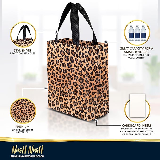 Nush Nush Leopard Gift Bags Medium Size– Set of 12 Cheetah Gift Bags With Handles - Reusable Goodie Bag for Animal Print Party, Safari Party Favors, Jungle Theme Birthday - 8x4x10 Size