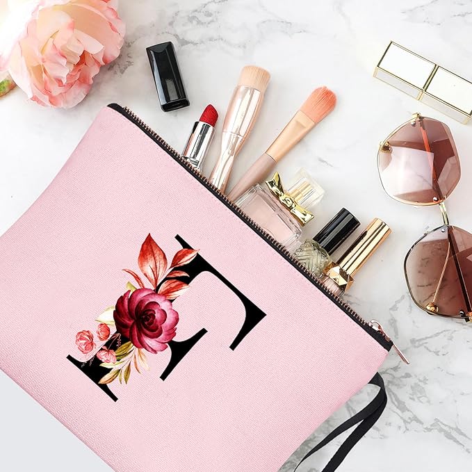 Vavabox A-Z Personalized Makeup Bag, Birthday Gifts for Women Mom, Gifts for Best Friend, Bride Bridesmaid Cosmetic bag (F, Pink)