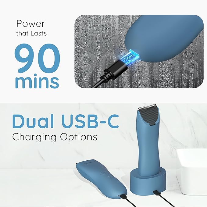 Body Hair & Pubic Hair Trimmer for Men & Women, Painless Electric Body & Bikini Shaver | Waterproof, Type-C Rechargeable, LED Light, Replaceable Blade, Manscape Personal Groomer (Sea Blue)