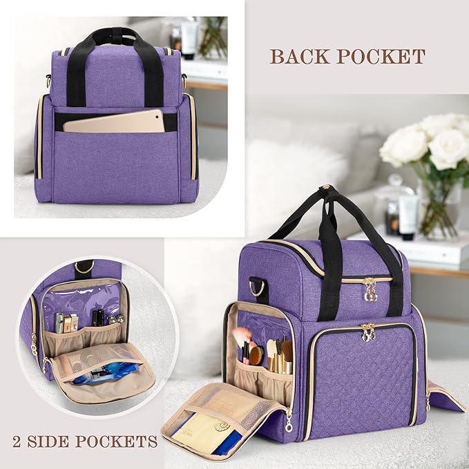 LUXJA Travel Makeup Bag with 2 Removable Cases, Cosmetic Bag with Multiple Storage Sections (Patent Pending), Purple