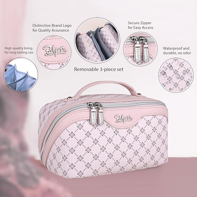 BOYATU Travel Makeup Bag Cosmetic Bags for Women: 3 Pcs Set Portable Make up Bag with Handle - Vegan Leather Toiletry Bags with Compartments - Makeup Organizer for Travel Essentials(A-2-Pink)