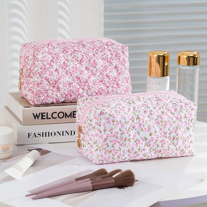 Makeup Bag Travel Toiletry Bag for Women, Small Cosmetic Bags Cute Quilted Cotton Makeup Pouch for Purse Emergency Bag for School Floral Pencil Case Accessory Bag, Pink