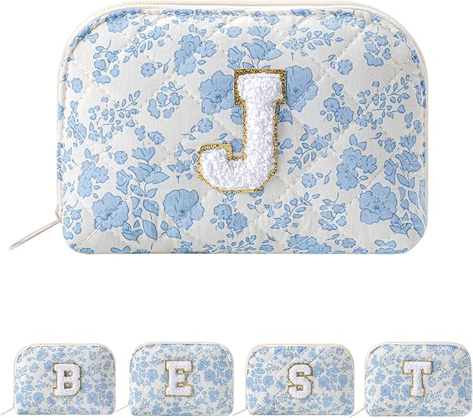 JOVAKIT Conch Alphabet Makeup Bag Cosmetic Bag for Women, Christmas Gifts for Women Girls, Blue Floral Coquette Travel Bag, Zipper Make Up Pouch Organizer Trendy Stuff (Blue Floral J)