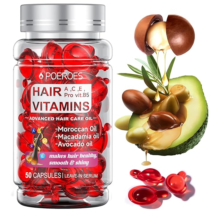 Hair Oil 50 Capsules - Hair Vitamins A C E Pro B5 - Hair Treatment Serum - Hair Serum for Frizzy and Damaged Hair - Argan & Avocado Oil - Leave in Conditioner for Women & Men