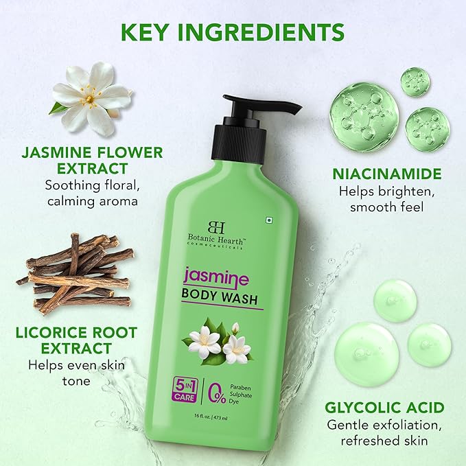 Botanic Hearth Jasmine Body Wash, 5-in-1 Care Formula, Paraben & Sulphate Free, 16 fl oz (473 ml), Gentle Body Cleanser with Soothing Floral Fragrance