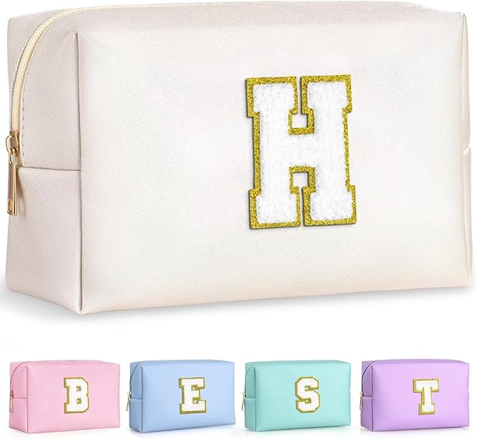 TOPEAST Preppy Bag, Monogrammed Makeup Bags with Zipper, Cute Makeup Pouch, Initial Birthday Gifts Bag for Daughter Friends Sister, Preppy Things for Girls (White H)