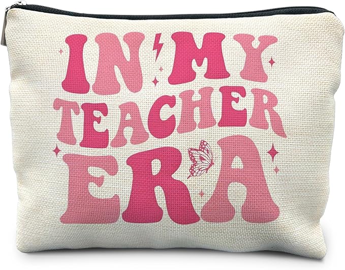in My Teacher Era Makeup Bag, Teacher Appreciation Gifts Cosmetic Bags for Women, End of Year Teachers Gifts, Groovy Pink Preppy Aesthetic Zipper Makeup Pouch for Teachers