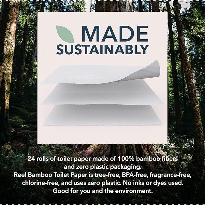 Reel 3-Ply Soft and Strong Bamboo Toilet Paper - 12 Rolls - Toxin-Free, Tree-Free, PFAS Free, BPA Free - Zero Plastic Packaging, Sustainable & Septic Safe