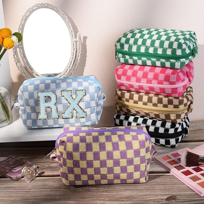 SOIDRAM 6 Pcs Checkered Makeup Bag Preppy Cosmetic Bag Bulk Pink Black Makeup Pouch Personalize Travel Toiletry Bag Organizer Cute DIY Makeup Brushes Storage Bag for Women