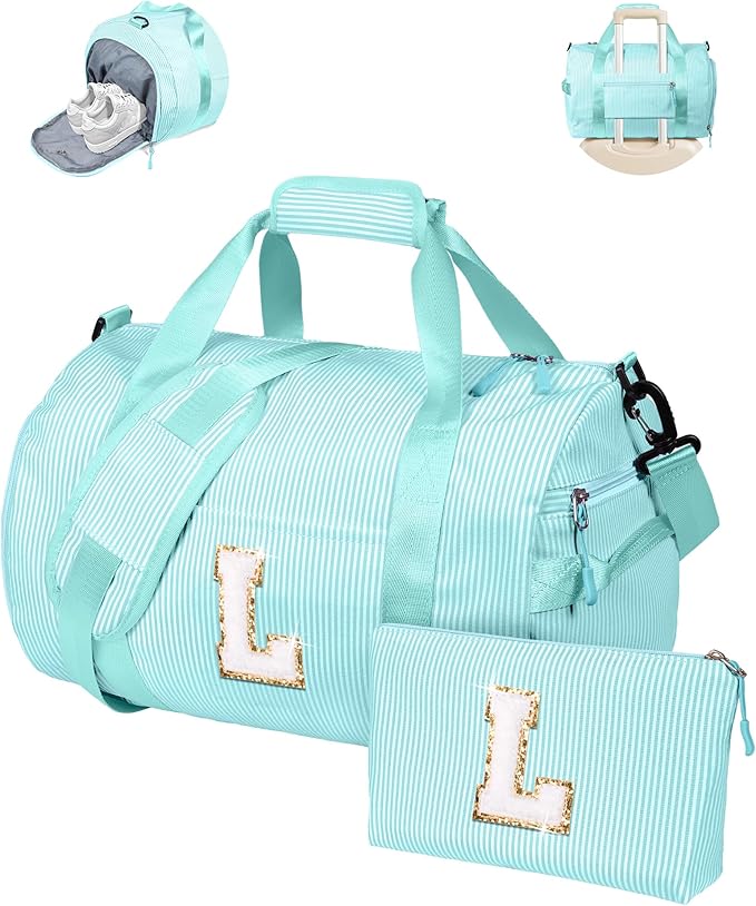 Birthday Gifts for Granddaughter, Girls Travel Duffle Bag, Kids Initial Overnight Bags with Shoe Compartment, Personalized Weekend Bag with Cosmetic Pouch, Trendy Stuff for Teen (Letter L)