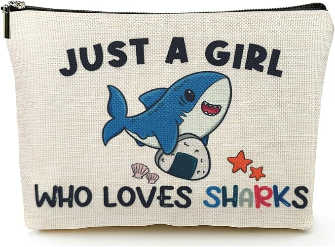 Shark Gifts for Women Makeup Bag, Cute Shark Themed Gifts for Shark Lovers Girls Kids Accessories, Just A Girl Who Loves Sharks Cosmetic Stuff Pouch, Birthday Christmas Decorations