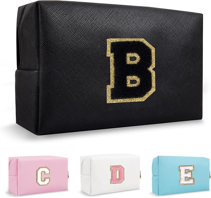 Personalized Initial Travel Preppy Makeup Bag, Small Cute Black Cosmetic Pouch Monogram Toiletry Organizer with Zipper, Waterproof PU Make Up Bags Storage Birthday Bridal Shower Women Gift (Letter B)