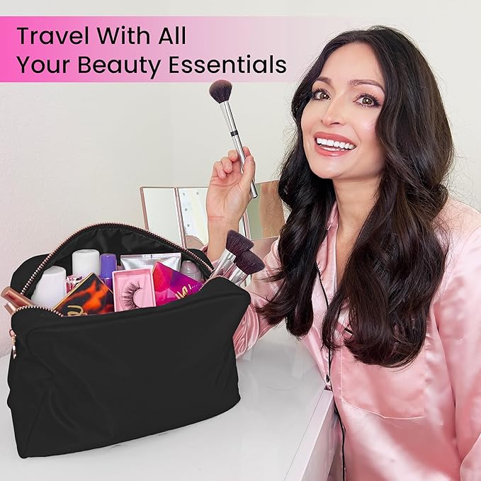 DANCOUR Nylon Makeup Bags for Women Large Preppy Travel Toiletry Pouch Cosmetic Bag Makeup Organizer