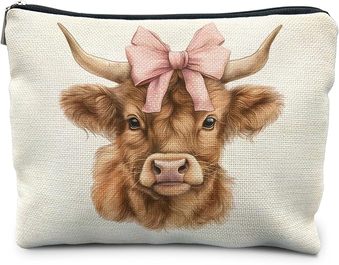 Highland Cow Makeup Bag - Pink Bow Cow Gifts for Women, Western & Cowgirl Gifts