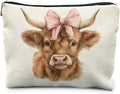 Highland Cow Makeup Bag - Pink Bow Cow Gifts for Women, Western & Cowgirl Gifts