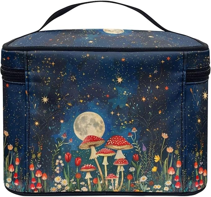 Vintage Mushroom Moon Starry Night Print Makeup Bag for Women Ladies Portable Cosmetic Bag with Zipper and Carry Handle Make Up Tote Bags Toiletry Case Organizer