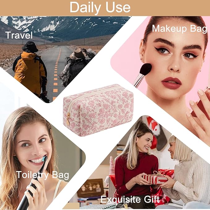 Cute Square Floral Cotton Makeup Cosmetic Bag for Women Girls, Travel Quilted Zipper Make Up Bag, Square Flowers Organizer Case Kawaii Makeup Cosmetic Travel Cloth Pouch (Pink Floral)
