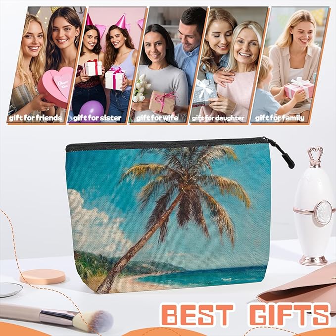 Cosmetic Bags Travel Makeup Toilet Case Waterproof Pouch for Women Girls 6.7X9.45inches - Tilted Coconut Tree on A Tropical Beach