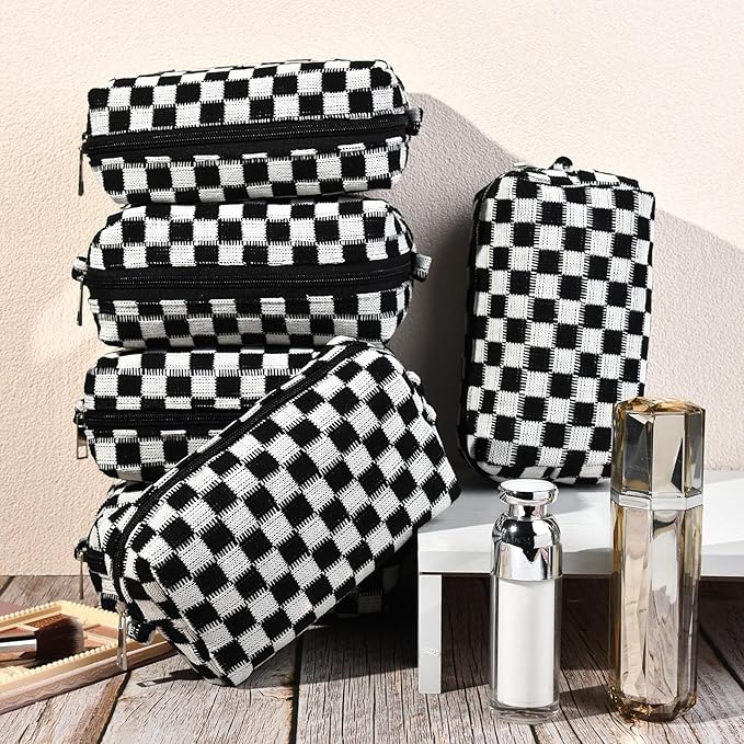 SOIDRAM Checkered Makeup Bag Preppy Cosmetic Bag Bulk Black Makeup Pouch Personalize Travel Toiletry Bag Organizer Cute DIY Makeup Brushes Storage Bag for Women