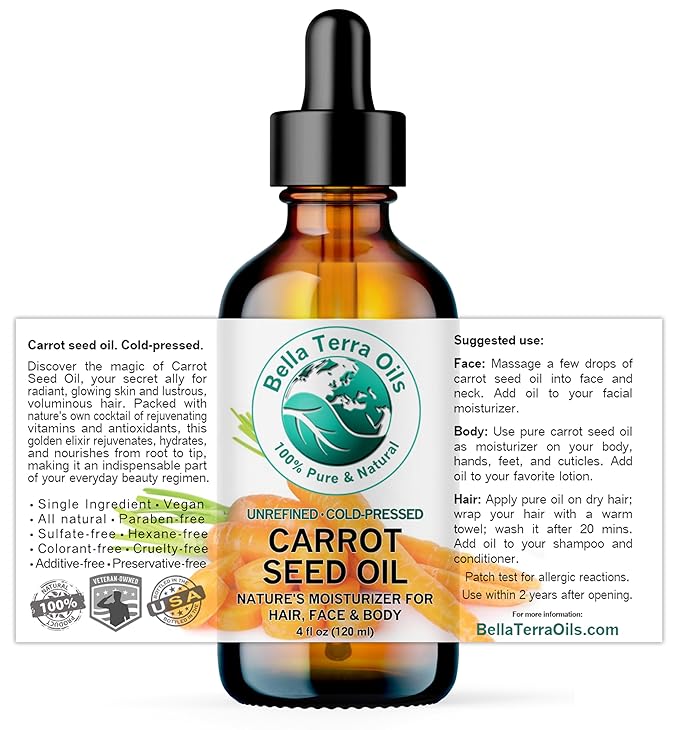 Bella Terra Oils - Organic Carrot Seed Oil 4 oz - Dive into Carotene's Natural Power, High in Essential Fatty Acids, Experience Luxurious Skin Nourishment