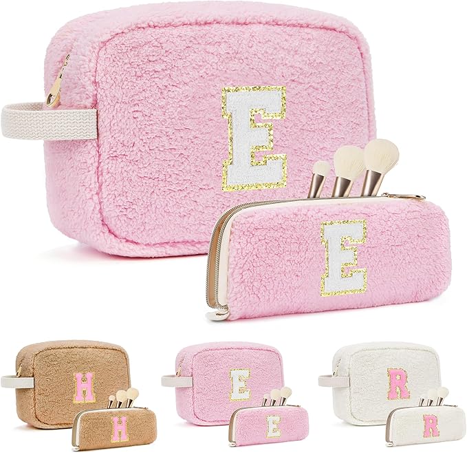 2PCS Makeup Bag with Initials, Christmas Day Gifts for Teen Girls Trendy Stuff, Personalized Cosmetic Travel Bag Pouch for Granddaughter, Cute Plush Make up Bags for Birthday - Pink E