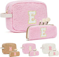 2PCS Makeup Bag with Initials, Christmas Day Gifts for Teen Girls Trendy Stuff, Personalized Cosmetic Travel Bag Pouch for Granddaughter, Cute Plush Make up Bags for Birthday - Pink E