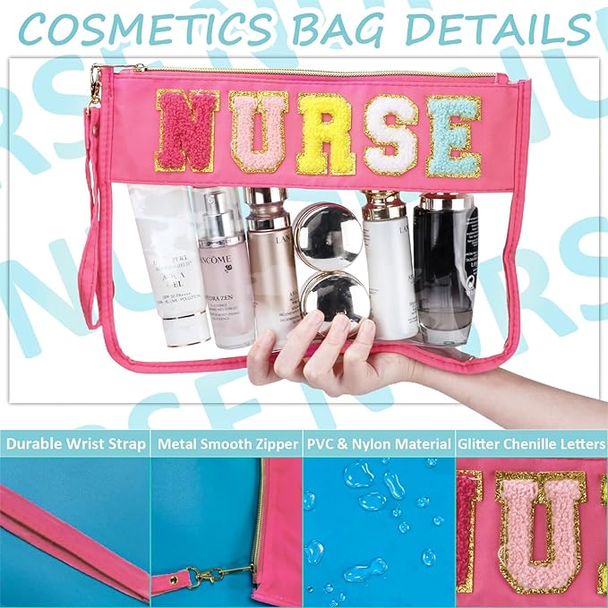 2 Pcs Nurse Gift Clear Makeup Bag Chenille Letter Patch Cosmetic Bag Zipper Pouch Nurse Survival Kit Travel Bag for Toiletries Waterproof Portable Travel Organizer Case for Women Girls
