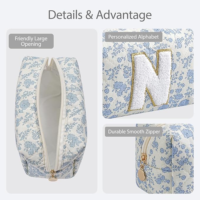 Gleyemor Personalized Initial Makeup Bag for Women, Cute Quilted Blue Floral Cotton Cosmetic Bag, Christmas Gifts for Her Mom Friend Sister Bridesmaid Teacher Women N