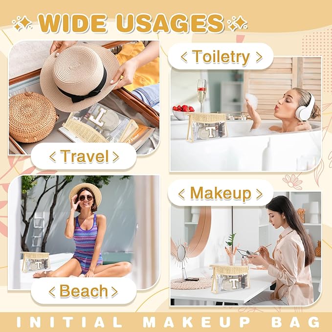 Personalized Initial Letter Bag Boho Straw Clear Makeup Bag,Small Cute Chenille Varsity Letter Bag With Zipper,Beach Travel Toiletry Bag,Portable Monogrammed Cosmetic Bag for Women Girls,T