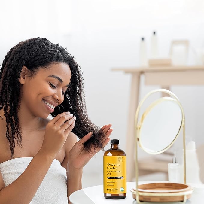 Zen Routine Organic Castor Oil (32oz Big Glass Bottle) Hexane Free – Hair Growth Oil, Eye Lashes & Stomach – Pure 100% Cold Pressed Unrefined Oil for Castor Pack – USDA Certified, Made in the USA