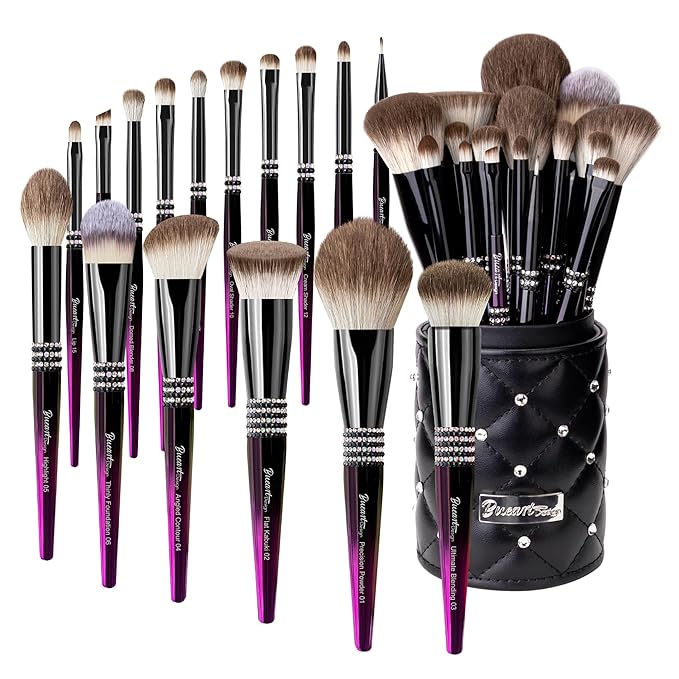 Bueart Design 16PCS Ultra Soft Makeup Brushes Sets with Holder,Professional Make up Brushes with Diamond(Purple-Black Gradient & Holder)