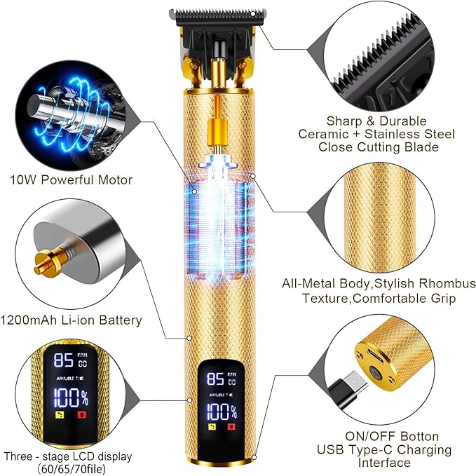 𝐇𝐚𝐢𝐫 𝐂𝐥𝐢𝐩𝐩𝐞𝐫𝐬 for Mens Cordless 𝐇𝐚𝐢𝐫 𝐓𝐫𝐢𝐦𝐦𝐞𝐫 T-Blade Trimmer Professional Haircut & Grooming Kit Rechargeable Clippers Hair Trimmer Shaver Cutting Kit with LCD Display (Gold)