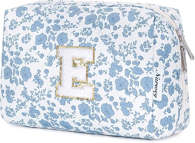 Narwey Birthday Gifts for Teen Girls Kids Women Personalized Initial Floral Makeup Bag Cute Cosmetic Trendy Stuff 6 8 10 11 12 13 14 16 18 Years Old Travel Toiletry Bag (Little Blue Flower E)