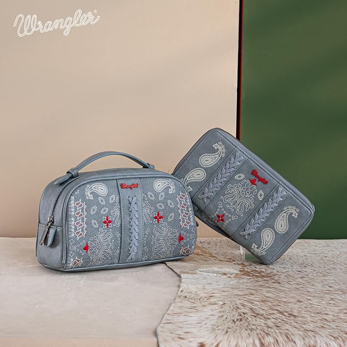 Montana West Wrangler Makeup Bag for Women Small Cosmetic Toiletry Bags Western Paisley Make Up Pouch Durable Cute Travel Purse, Jean Blue