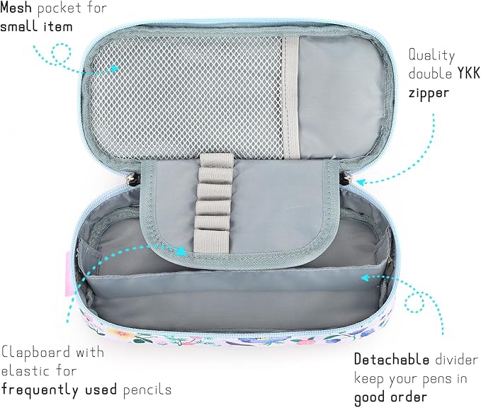 mibasies Girls Pencil Case for Kids, Multi-Slot Pencil Pouch, Floral Sky Blue