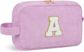 Personalized Initial Makeup Bag, Travel Chenille Patch Cosmetic Bag, Preppy Corduroy Toiletry Bag Monogram Cosmetic Pouch with Zipper, Ideal Gift for Teen Girls Women (Purple, A)