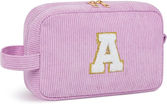 Personalized Initial Makeup Bag, Travel Chenille Patch Cosmetic Bag, Preppy Corduroy Toiletry Bag Monogram Cosmetic Pouch with Zipper, Ideal Gift for Teen Girls Women (Purple, A)