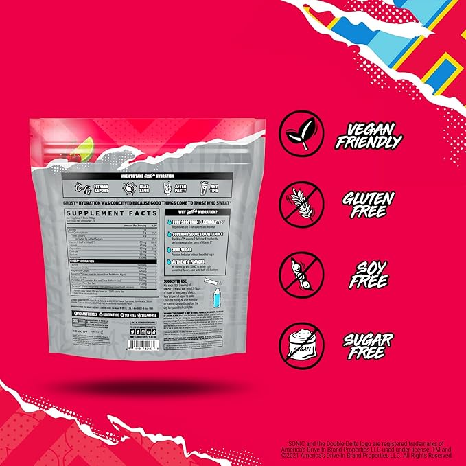 GHOST Hydration Packets, Sonic Cherry Limeade, 24 Sticks, Electrolyte Powder - Drink Mix Supplement with Magnesium, Potassium, Calcium, Vitamin C - Vegan Friendly, Free of Soy, Sugar & Gluten