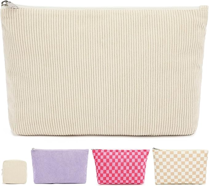 Corduroy Makeup Bag, Travel Cosmetic Bag Organizer Toiletry Bag Make Up Bags with Zipper & Compartments for Women Girls