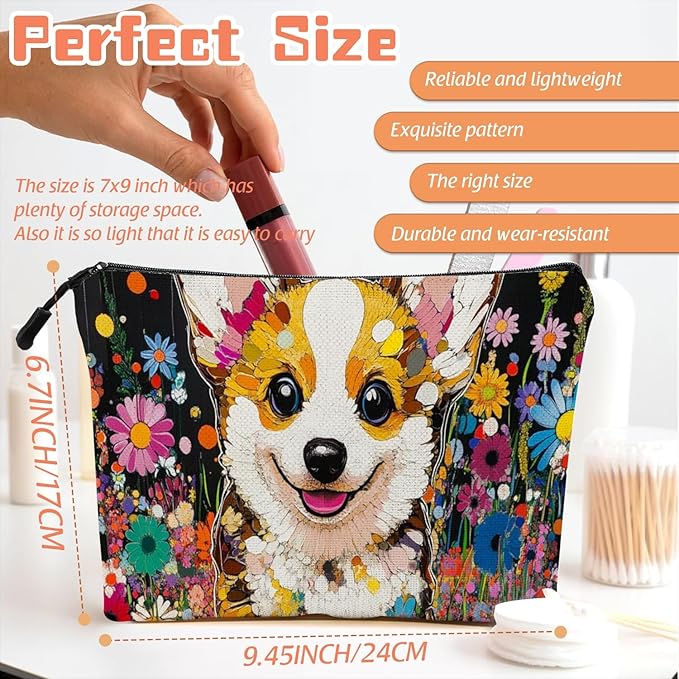 Cosmetic Bags Travel Makeup Toilet Case Waterproof Pouch for Women Girls 6.7X9.45inches - Cute Corgi Surrounded By Brightly Colored Flowers